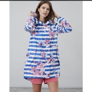 Joules Golightly Ladies‎ Waterproof Packaway Jacket, Blue Stripe Floral, Size 4